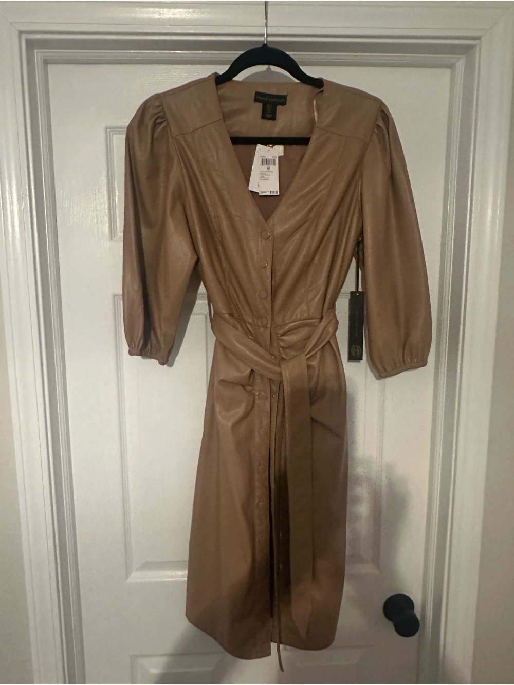 House of Harlow 1960 Tan Faux-Leather Button-Front Midi Dress
